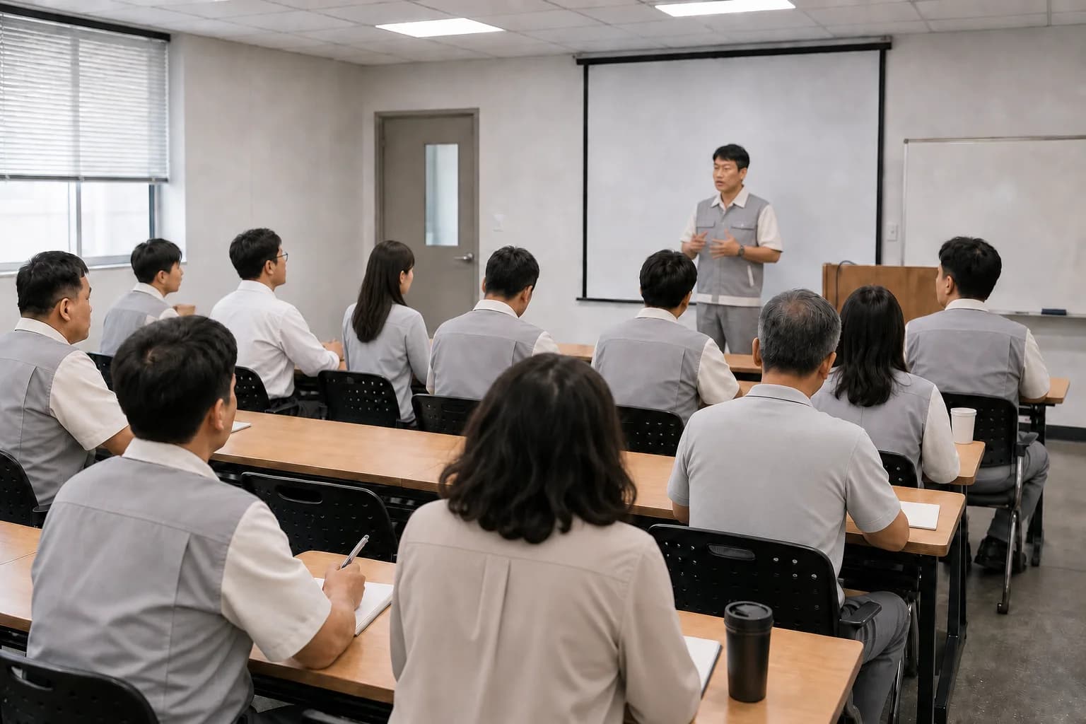 임직원들이 교육실에서 인권과 상호 존중에 관한 교육을 듣는 모습